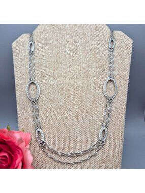Monet Silver Tone Multi Strand Necklace Oval Rhinestone Stations Formal 24.5"